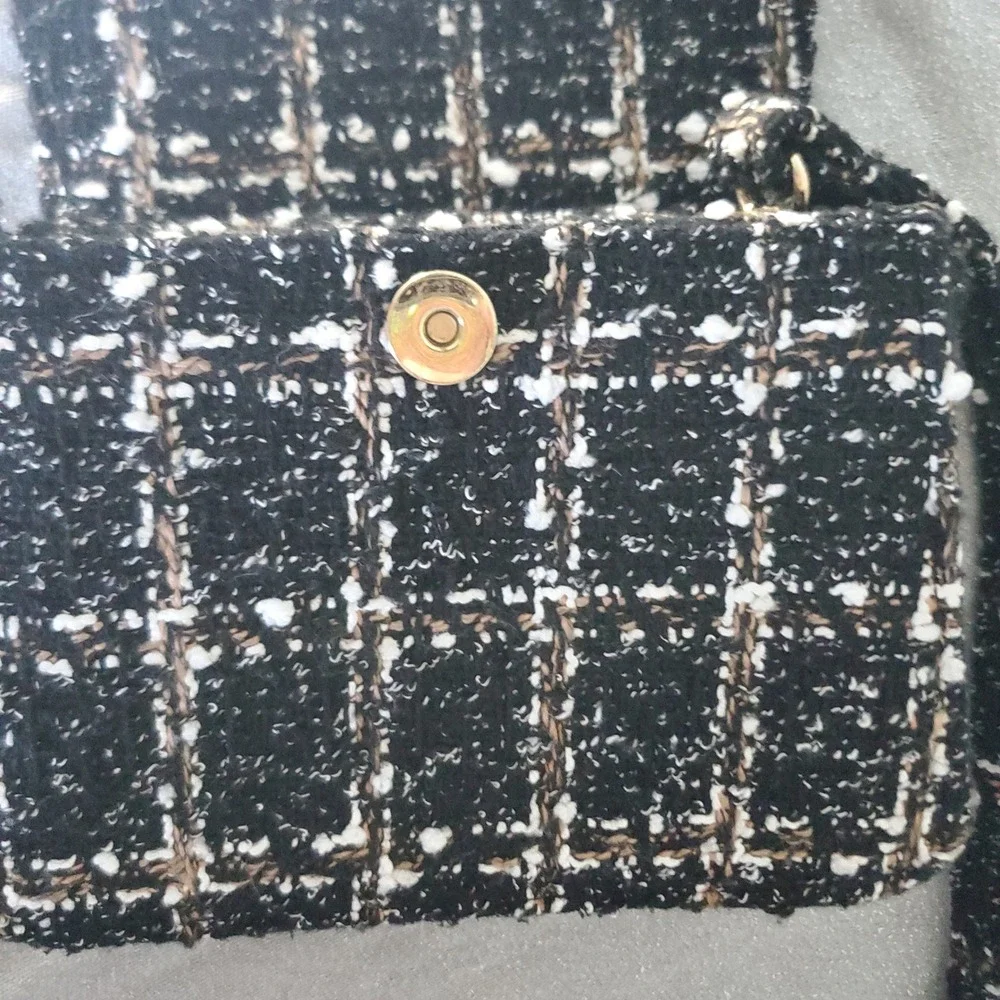 Black White Tan Plaid Tweed Crossbody Flap‎ Shoulder Purse Chic Old Money Woven